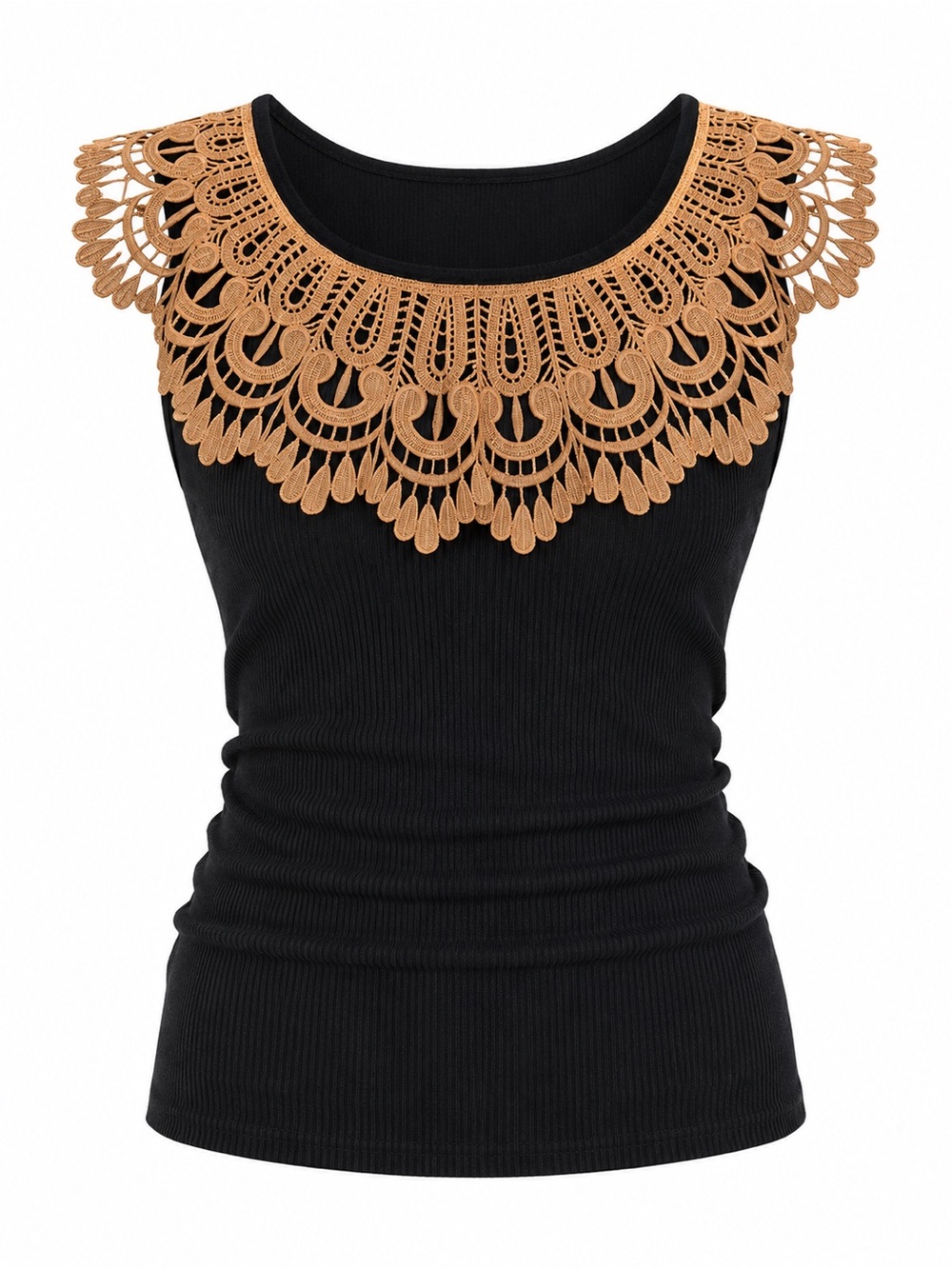 Women’s Black Tank Top with Tan Lace Collar. Small. Boutique